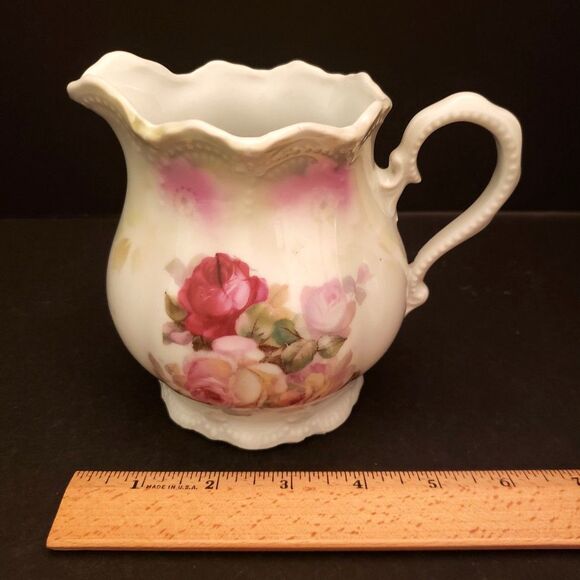 Leuchtenburg Germany Porcelain Cream Pitcher Jug Pink Roses Castle Mark Antique - Picture 5 of 12